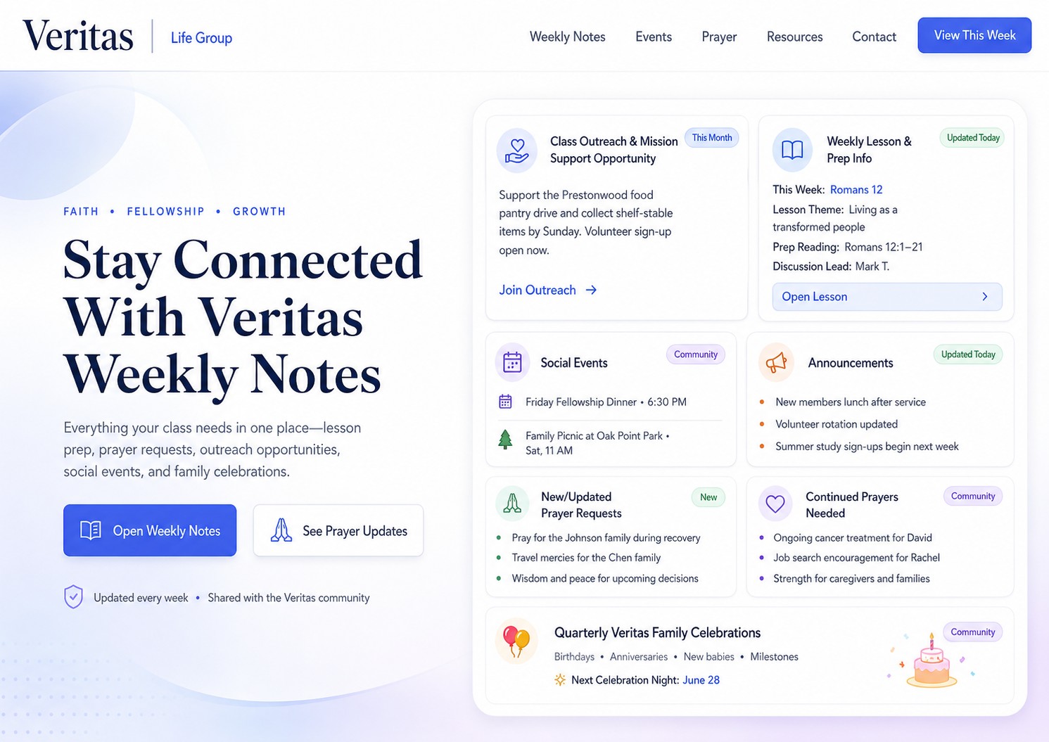 AI-generated website hero section mockup for Veritas Life Group Weekly Notes